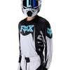 Fox Racing 360 Clutch Jersey in White/Black, modeled front three-quarter view, with the crew neck, long sleeves, contrasting shoulder and arm graphics, and extended rear hem on a rider. Available options—Color: White/Black, Neon Pink; Size: SM, MD, LG, XL, 2X. SKU 40678-058-L. UPC 198571132517.