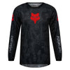 Fox Racing 180 Abyss Jersey (Youth) in Black, front product view, with the crew neck, long sleeves, large Fox chest graphic, contrasting arm panels, and curved drop-tail hem. Available options—Color: Black; Size: Y-SM, Y-MD, Y-LG, Y-XL. SKU 40680-001-YS. UPC 198571122532.