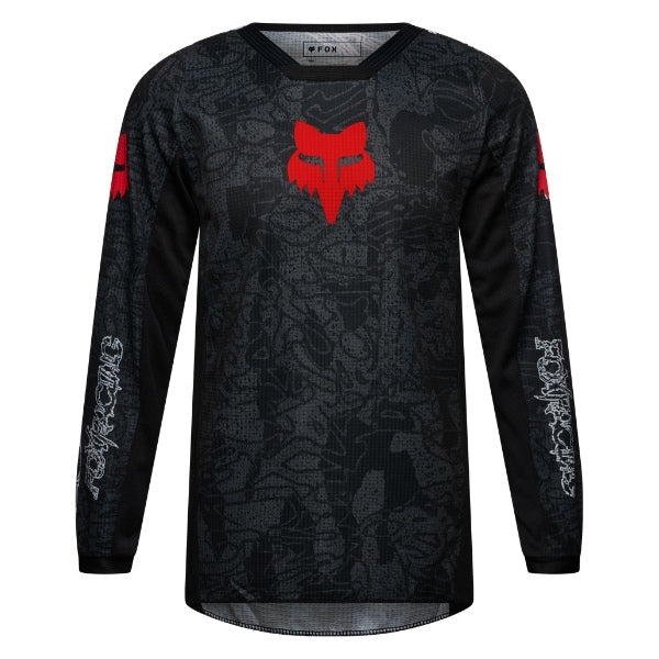 Fox Racing 180 Abyss Jersey (Youth) in Black, front product view, with the crew neck, long sleeves, large Fox chest graphic, contrasting arm panels, and curved drop-tail hem. Available options—Color: Black; Size: Y-SM, Y-MD, Y-LG, Y-XL. SKU 40680-001-YS. UPC 198571122532.