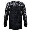 Fox Racing 180 Abyss Jersey (Youth) in Black, rear product view, with the back graphic, shoulder panels, long sleeves, and drop-tail hem. Available options—Color: Black; Size: Y-SM, Y-MD, Y-LG, Y-XL. SKU 40680-001-YM. UPC 198571122549.