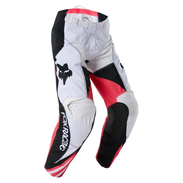 Fox Racing 180 Draft Pants (Youth) in White, front product view, with the adjustable waist, articulated knees, contrasting leg graphics, reinforced inner knees, and tapered cuffs. Available options—Color: White, Sunburst; Size: Y-22, Y-24, Y-26, Y-28. SKU 40683-008-22. UPC 198571132241.