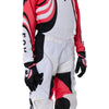Fox Racing 180 Draft Pants (Youth) in White, close-up of the waist and hip panels, with the ratcheting waist adjuster, stretch yoke, shaped hip panel, and reinforced knee or thigh material. Available options—Color: White, Sunburst; Size: Y-22, Y-24, Y-26, Y-28. SKU 40683-008-26. UPC 198571132265.