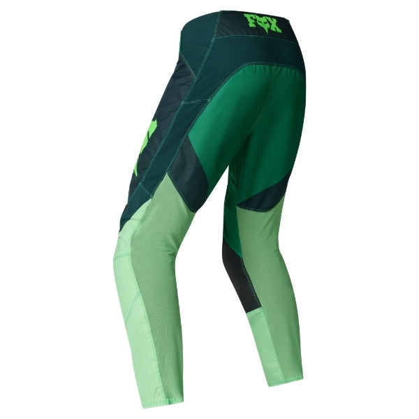 Fox Racing 180 Raid Pants in Deep Fern, rear product view, with the reinforced seat, rear yoke, articulated knees, tapered legs, and lower-leg graphics. Available options—Color: Rust, Purple Lava, Deep Fern; Size: 28, 30, 32, 34, 36, 38. SKU 40685-D10-30. UPC 198571125076.