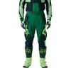 Fox Racing 180 Raid Pants in Deep Fern, close-up of the side thigh and knee panels, with the ratcheting waist adjuster, stretch yoke, shaped hip panel, and reinforced knee or thigh material. Available options—Color: Rust, Purple Lava, Deep Fern; Size: 28, 30, 32, 34, 36, 38. SKU 40685-D10-36. UPC 198571125106.