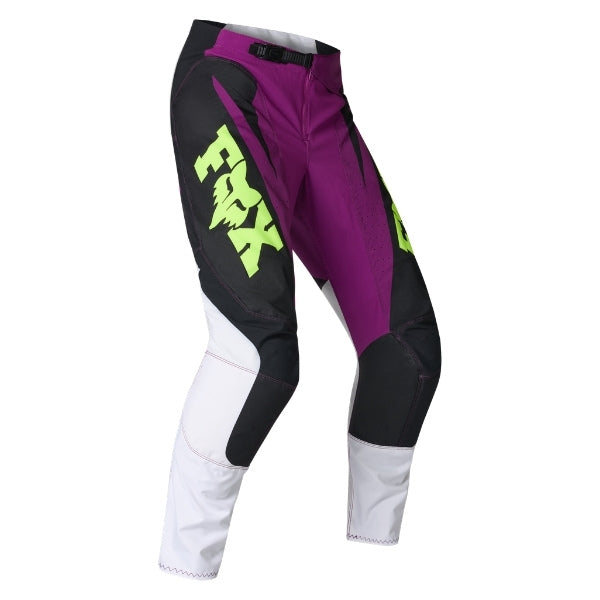 Fox Racing 180 Raid Pants in Purple Lava, front product view, with the adjustable waist, articulated knees, contrasting leg graphics, reinforced inner knees, and tapered cuffs. Available options—Color: Rust, Purple Lava, Deep Fern; Size: 28, 30, 32, 34, 36, 38. SKU 40685-E07-28. UPC 198571129289.