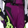 Fox Racing 180 Raid Pants in Purple Lava, close-up of the waist and hip panels, with the ratcheting waist adjuster, stretch yoke, shaped hip panel, and reinforced knee or thigh material. Available options—Color: Rust, Purple Lava, Deep Fern; Size: 28, 30, 32, 34, 36, 38. SKU 40685-E07-32. UPC 198571129302.