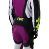 Fox Racing 180 Raid Pants in Purple Lava, close-up of the ratcheting waist closure, with the ratcheting waist adjuster, stretch yoke, shaped hip panel, and reinforced knee or thigh material. Available options—Color: Rust, Purple Lava, Deep Fern; Size: 28, 30, 32, 34, 36, 38. SKU 40685-E07-34. UPC 198571129319.