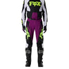 Fox Racing 180 Raid Pants in Purple Lava, close-up of the side thigh and knee panels, with the ratcheting waist adjuster, stretch yoke, shaped hip panel, and reinforced knee or thigh material. Available options—Color: Rust, Purple Lava, Deep Fern; Size: 28, 30, 32, 34, 36, 38. SKU 40685-E07-36. UPC 198571129326.