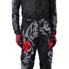 Fox Racing 180 Abyss Pants in Black, close-up of the waist and hip panels, with the ratcheting waist adjuster, stretch yoke, shaped hip panel, and reinforced knee or thigh material. Available options—Color: Black; Size: 26, 28, 30, 32, 34, 36, 38. SKU 40686-001-30. UPC 198571122341.