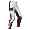 Fox Racing 180 Draft Pants in White, front product view, with the adjustable waist, articulated knees, contrasting leg graphics, reinforced inner knees, and tapered cuffs. Available options—Color: White, Black, Sunburst; Size: 28, 30, 32, 34, 36, 38. SKU 40687-008-28. UPC 198571132142.
