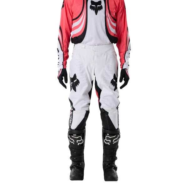 Fox Racing 180 Draft Pants in White, close-up of the side thigh and knee panels, with the ratcheting waist adjuster, stretch yoke, shaped hip panel, and reinforced knee or thigh material. Available options—Color: White, Black, Sunburst; Size: 28, 30, 32, 34, 36, 38. SKU 40687-008-36. UPC 198571132180.