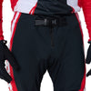 Fox Racing Flexair Thorn Pants in Red, close-up of the waist and hip panels, with the ratcheting waist adjuster, stretch yoke, shaped hip panel, and reinforced knee or thigh material. Available options—Color: Black/White, Purple Lava, Red; Size: 28, 30, 32, 34, 36, 38. SKU 40688-003-32. UPC 198571130247.