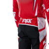 Fox Racing Flexair Thorn Pants in Red, close-up of the ratcheting waist closure, with the ratcheting waist adjuster, stretch yoke, shaped hip panel, and reinforced knee or thigh material. Available options—Color: Black/White, Purple Lava, Red; Size: 28, 30, 32, 34, 36, 38. SKU 40688-003-34. UPC 198571130254.
