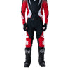 Fox Racing Flexair Thorn Pants in Red, close-up of the side thigh and knee panels, with the ratcheting waist adjuster, stretch yoke, shaped hip panel, and reinforced knee or thigh material. Available options—Color: Black/White, Purple Lava, Red; Size: 28, 30, 32, 34, 36, 38. SKU 40688-003-36. UPC 198571130261.
