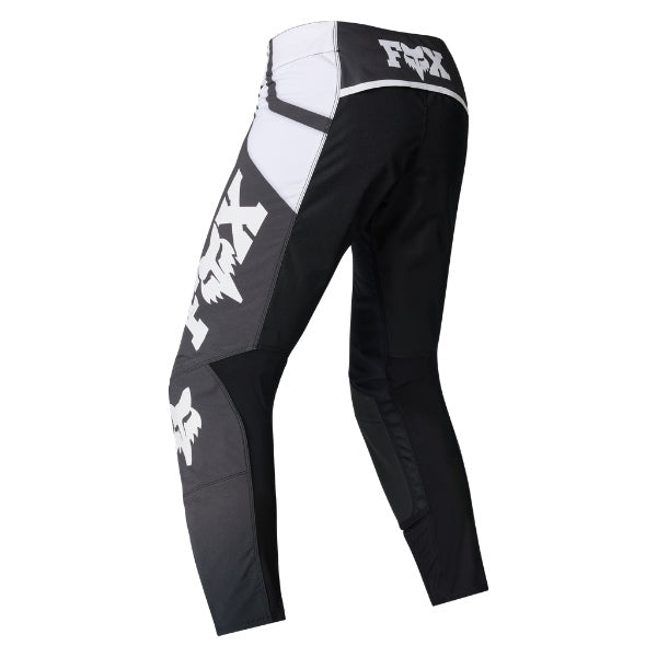 Fox Racing Flexair Thorn Pants in Black/White, rear product view, with the reinforced seat, rear yoke, articulated knees, tapered legs, and lower-leg graphics. Available options—Color: Black/White, Purple Lava, Red; Size: 28, 30, 32, 34, 36, 38. SKU 40688-018-30. UPC 198571123782.