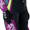 Fox Racing Flexair Thorn Pants in Purple Lava, close-up of the waist and hip panels, with the ratcheting waist adjuster, stretch yoke, shaped hip panel, and reinforced knee or thigh material. Available options—Color: Black/White, Purple Lava, Red; Size: 28, 30, 32, 34, 36, 38. SKU 40688-E07-32. UPC 198571129494.