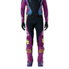 Fox Racing Flexair Thorn Pants in Purple Lava, close-up of the side thigh and knee panels, with the ratcheting waist adjuster, stretch yoke, shaped hip panel, and reinforced knee or thigh material. Available options—Color: Black/White, Purple Lava, Red; Size: 28, 30, 32, 34, 36, 38. SKU 40688-E07-36. UPC 198571129517.