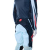 Fox Racing Flexair Arc Pants in Ice Blue, close-up of the ratcheting waist closure, with the ratcheting waist adjuster, stretch yoke, shaped hip panel, and reinforced knee or thigh material. Available options—Color: Yellow, Ice Blue, Chili; Size: 28, 30, 32, 34, 36, 38. SKU 40689-231-34. UPC 198571126516.