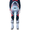 Fox Racing Flexair Arc Pants in Ice Blue, close-up of the side thigh and knee panels, with the ratcheting waist adjuster, stretch yoke, shaped hip panel, and reinforced knee or thigh material. Available options—Color: Yellow, Ice Blue, Chili; Size: 28, 30, 32, 34, 36, 38. SKU 40689-231-36. UPC 198571126523.