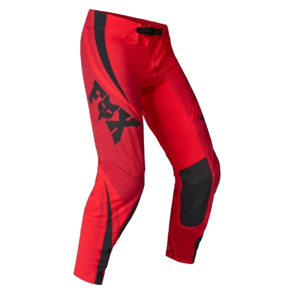 Fox Racing Flexair Arc Pants in Chili, front product view, with the adjustable waist, articulated knees, contrasting leg graphics, reinforced inner knees, and tapered cuffs. Available options—Color: Yellow, Ice Blue, Chili; Size: 28, 30, 32, 34, 36, 38. SKU 40689-555-28. UPC 198571124437.