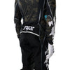 Fox Racing Flexair Apex Pants in Black, close-up of the ratcheting waist closure, with the ratcheting waist adjuster, stretch yoke, shaped hip panel, and reinforced knee or thigh material. Available options—Color: Black; Size: 28, 30, 32, 34, 36, 38. SKU 40690-001-34. UPC 198571133606.