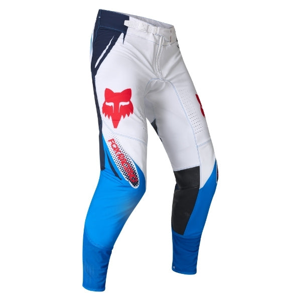 Fox Racing 360 Temper Pants in White, front product view, with the adjustable waist, articulated knees, contrasting leg graphics, reinforced inner knees, and tapered cuffs. Available options—Color: White, Grape, Yellow; Size: 28, 30, 32, 34, 36, 38. SKU 40692-008-28. UPC 198571131992.