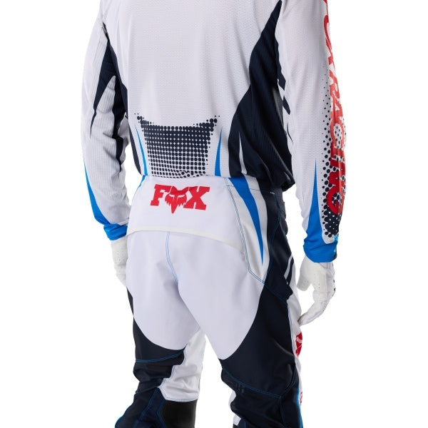 Fox Racing 360 Temper Pants in White, close-up of the ratcheting waist closure, with the ratcheting waist adjuster, stretch yoke, shaped hip panel, and reinforced knee or thigh material. Available options—Color: White, Grape, Yellow; Size: 28, 30, 32, 34, 36, 38. SKU 40692-008-34. UPC 198571132029.