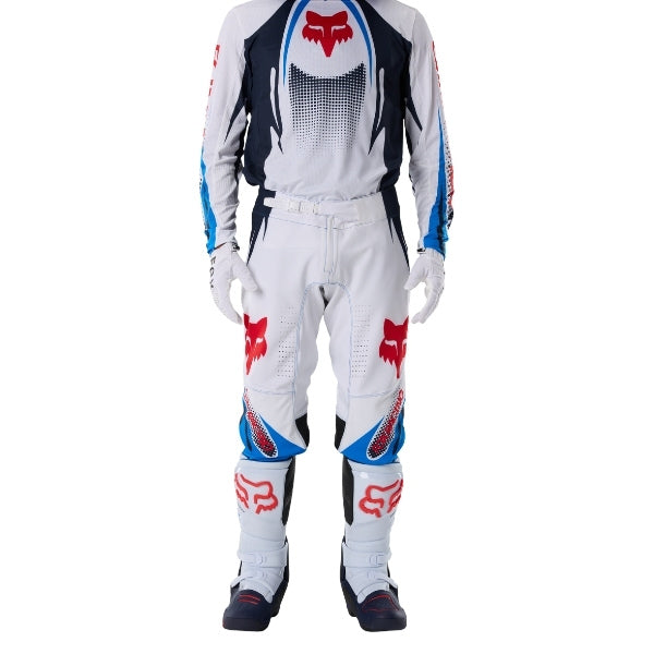 Fox Racing 360 Temper Pants in White, close-up of the side thigh and knee panels, with the ratcheting waist adjuster, stretch yoke, shaped hip panel, and reinforced knee or thigh material. Available options—Color: White, Grape, Yellow; Size: 28, 30, 32, 34, 36, 38. SKU 40692-008-36. UPC 198571132036.