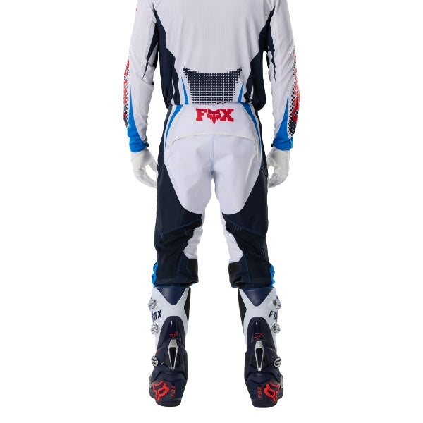 Fox Racing 360 Temper Pants in White, rear lower-leg and cuff view, with the reinforced seat, rear yoke, articulated knees, tapered legs, and lower-leg graphics. Available options—Color: White, Grape, Yellow; Size: 28, 30, 32, 34, 36, 38. SKU 40692-008-38. UPC 198571132043.