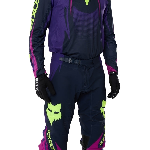 Fox Racing 360 Temper Pants in Grape, close-up of the waist and hip panels, with the ratcheting waist adjuster, stretch yoke, shaped hip panel, and reinforced knee or thigh material. Available options—Color: White, Grape, Yellow; Size: 28, 30, 32, 34, 36, 38. SKU 40692-443-32. UPC 198571125731.