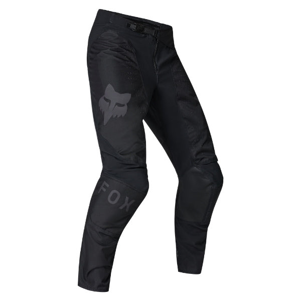 Fox Racing 180 Blackout Pants in Black, front product view, with the adjustable waist, articulated knees, contrasting leg graphics, reinforced inner knees, and tapered cuffs. Available options—Color: Black; Size: 26, 28, 30, 32, 34, 36, 38, 40, 42, 44. SKU 40693-001-26. UPC 198571121924.
