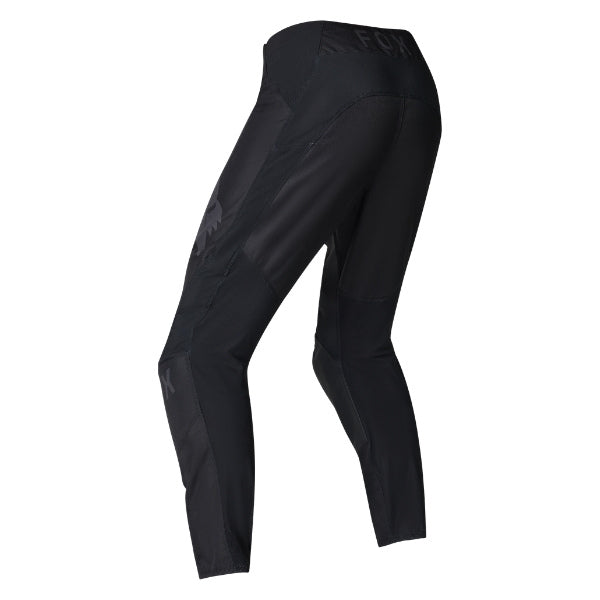 Fox Racing 180 Blackout Pants in Black, rear product view, with the reinforced seat, rear yoke, articulated knees, tapered legs, and lower-leg graphics. Available options—Color: Black; Size: 26, 28, 30, 32, 34, 36, 38, 40, 42, 44. SKU 40693-001-28. UPC 198571121931.