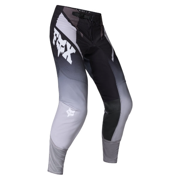 Fox Racing 360 Foundry Pants in Black/Grey, front product view, with the adjustable waist, articulated knees, contrasting leg graphics, reinforced inner knees, and tapered cuffs. Available options—Color: Black/Grey, Flo Red, Sky Blue, HiViz Yellow; Size: 28, 30, 32, 34, 36, 38. SKU 40695-014-28. UPC 198571123454.