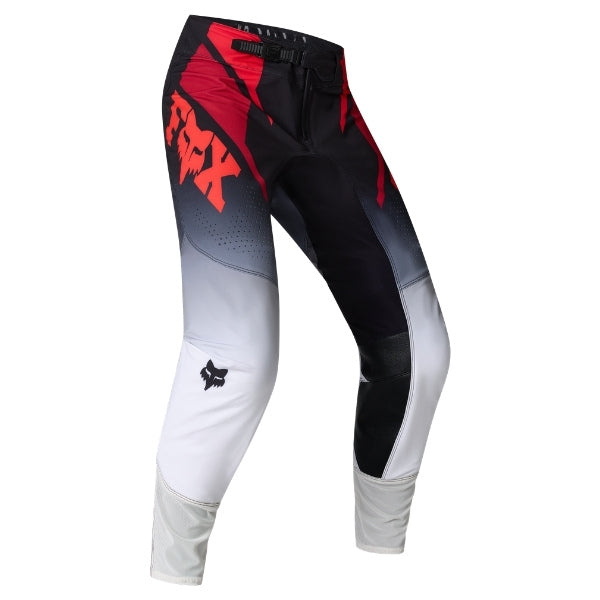 Fox Racing 360 Foundry Pants in Flo Red, front product view, with the adjustable waist, articulated knees, contrasting leg graphics, reinforced inner knees, and tapered cuffs. Available options—Color: Black/Grey, Flo Red, Sky Blue, HiViz Yellow; Size: 28, 30, 32, 34, 36, 38. SKU 40695-110-28. UPC 198571125519.
