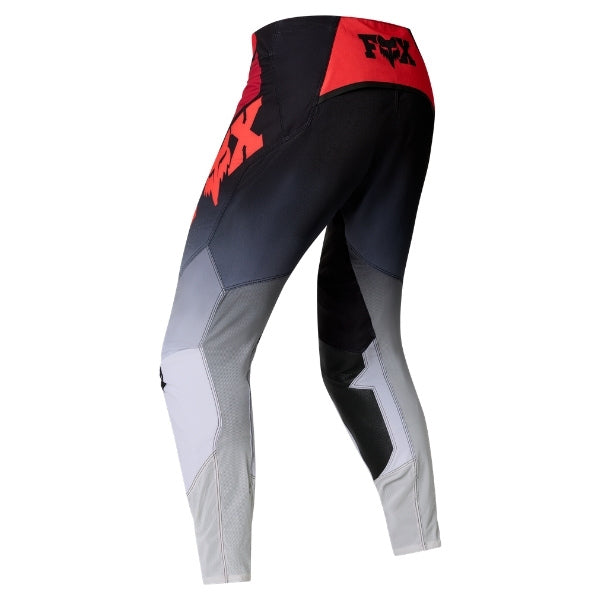 Fox Racing 360 Foundry Pants in Flo Red, rear product view, with the reinforced seat, rear yoke, articulated knees, tapered legs, and lower-leg graphics. Available options—Color: Black/Grey, Flo Red, Sky Blue, HiViz Yellow; Size: 28, 30, 32, 34, 36, 38. SKU 40695-110-30. UPC 198571125526.