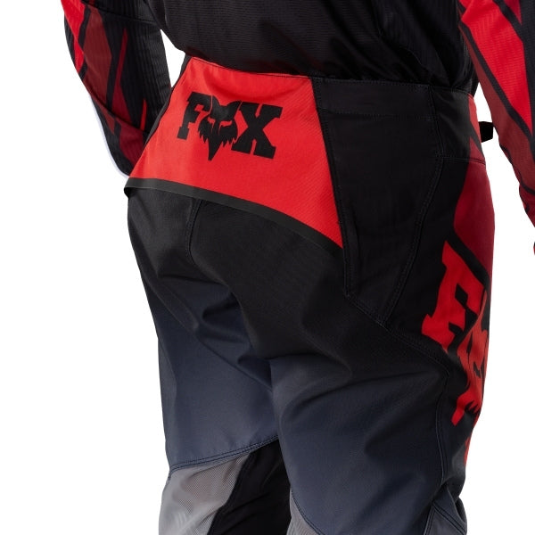 Fox Racing 360 Foundry Pants in Flo Red, close-up of the ratcheting waist closure, with the ratcheting waist adjuster, stretch yoke, shaped hip panel, and reinforced knee or thigh material. Available options—Color: Black/Grey, Flo Red, Sky Blue, HiViz Yellow; Size: 28, 30, 32, 34, 36, 38. SKU 40695-110-34. UPC 198571125540.