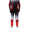 Fox Racing 360 Foundry Pants in Flo Red, close-up of the side thigh and knee panels, with the ratcheting waist adjuster, stretch yoke, shaped hip panel, and reinforced knee or thigh material. Available options—Color: Black/Grey, Flo Red, Sky Blue, HiViz Yellow; Size: 28, 30, 32, 34, 36, 38. SKU 40695-110-36. UPC 198571125557.