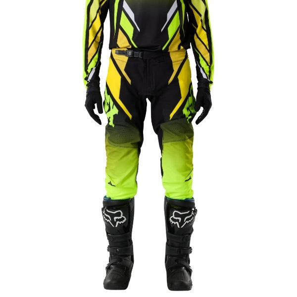 Fox Racing 360 Foundry Pants in HiViz Yellow, close-up of the side thigh and knee panels, with the ratcheting waist adjuster, stretch yoke, shaped hip panel, and reinforced knee or thigh material. Available options—Color: Black/Grey, Flo Red, Sky Blue, HiViz Yellow; Size: 28, 30, 32, 34, 36, 38. SKU 40695-A46-36. UPC 198571126356.