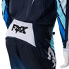 Fox Racing 360 Foundry Pants in Sky Blue, close-up of the ratcheting waist closure, with the ratcheting waist adjuster, stretch yoke, shaped hip panel, and reinforced knee or thigh material. Available options—Color: Black/Grey, Flo Red, Sky Blue, HiViz Yellow; Size: 28, 30, 32, 34, 36, 38. SKU 40695-D67-34. UPC 198571131312.