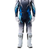 Fox Racing 360 Foundry Pants in Sky Blue, close-up of the side thigh and knee panels, with the ratcheting waist adjuster, stretch yoke, shaped hip panel, and reinforced knee or thigh material. Available options—Color: Black/Grey, Flo Red, Sky Blue, HiViz Yellow; Size: 28, 30, 32, 34, 36, 38. SKU 40695-D67-36. UPC 198571131329.