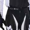 Fox Racing 180 Frame Pants in Black, front product view, with the adjustable waist, articulated knees, contrasting leg graphics, reinforced inner knees, and tapered cuffs. Available options—Color: Blue, Grey/Yellow, Black, Red; Size: 26, 28, 30, 32, 34, 36, 38, 40, 42, 44. SKU 40696-001-26. UPC 198571122099.