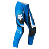 Fox Racing 180 Frame Pants in Blue, front product view, with the adjustable waist, articulated knees, contrasting leg graphics, reinforced inner knees, and tapered cuffs. Available options—Color: Blue, Grey/Yellow, Black, Red; Size: 26, 28, 30, 32, 34, 36, 38, 40, 42, 44. SKU 40696-002-26. UPC 198571123928.