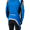Fox Racing 180 Frame Pants in Blue, close-up of the ratcheting waist closure, with the ratcheting waist adjuster, stretch yoke, shaped hip panel, and reinforced knee or thigh material. Available options—Color: Blue, Grey/Yellow, Black, Red; Size: 26, 28, 30, 32, 34, 36, 38, 40, 42, 44. SKU 40696-002-32. UPC 198571123959.