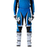 Fox Racing 180 Frame Pants in Blue, close-up of the side thigh and knee panels, with the ratcheting waist adjuster, stretch yoke, shaped hip panel, and reinforced knee or thigh material. Available options—Color: Blue, Grey/Yellow, Black, Red; Size: 26, 28, 30, 32, 34, 36, 38, 40, 42, 44. SKU 40696-002-34. UPC 198571123966.