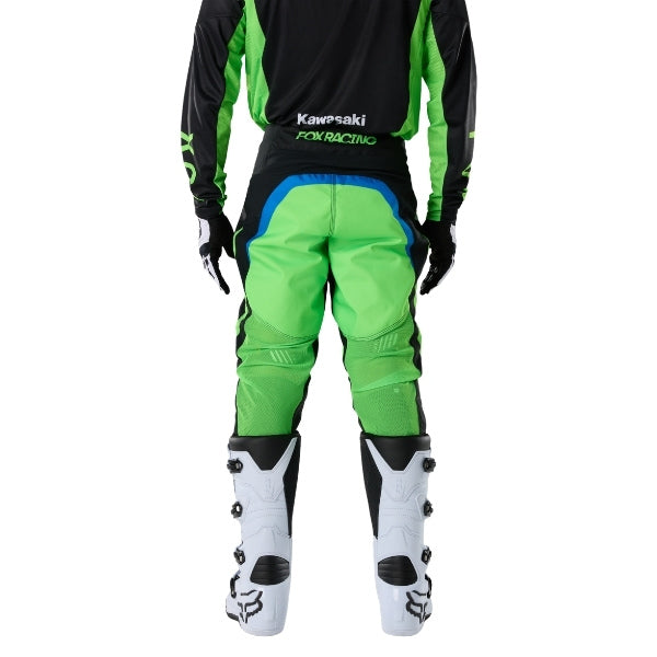 Fox Racing 180 Kawasaki Pants in Black, rear lower-leg and cuff view, with the reinforced seat, rear yoke, articulated knees, tapered legs, and lower-leg graphics. Available options—Color: Black; Size: 26, 28, 30, 32, 34, 36, 38. SKU 40697-001-36. UPC 198571122075.
