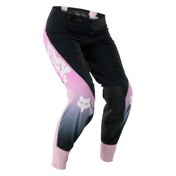 Fox Racing Flexair Thorn Pants (Womens) in Black/Pink, front product view, with the adjustable waist, articulated knees, contrasting leg graphics, reinforced inner knees, and tapered cuffs. Available options—Color: Black/Pink, Sky Blue; Size: 2, 4, 6, 8, 10, 12, 14, 16. SKU 40698-285-2. UPC 198571123591.