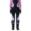Fox Racing Flexair Thorn Pants (Womens) in Black/Pink, close-up of the side thigh and knee panels, with the ratcheting waist adjuster, stretch yoke, shaped hip panel, and reinforced knee or thigh material. Available options—Color: Black/Pink, Sky Blue; Size: 2, 4, 6, 8, 10, 12, 14, 16. SKU 40698-285-10. UPC 198571123638.