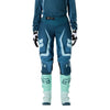 Fox Racing 180 Frame Pants (Womens) in Deep Blue, close-up of the waist and hip panels, with the ratcheting waist adjuster, stretch yoke, shaped hip panel, and reinforced knee or thigh material. Available options—Color: Neon Pink, Deep Blue; Size: 2, 4, 6, 8, 10, 12, 14, 16. SKU 40699-E19-6. UPC 198571124864.