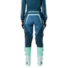 Fox Racing 180 Frame Pants (Womens) in Deep Blue, close-up of the ratcheting waist closure, with the ratcheting waist adjuster, stretch yoke, shaped hip panel, and reinforced knee or thigh material. Available options—Color: Neon Pink, Deep Blue; Size: 2, 4, 6, 8, 10, 12, 14, 16. SKU 40699-E19-8. UPC 198571124871.