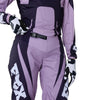 Fox Racing 180 Raid Pants (Womens) in Lavender Drift, close-up of the waist and hip panels, with the ratcheting waist adjuster, stretch yoke, shaped hip panel, and reinforced knee or thigh material. Available options—Color: Lavender Drift, Melon; Size: 2, 4, 6, 8, 10, 12, 14, 16. SKU 40700-F07-6. UPC 198571126851.